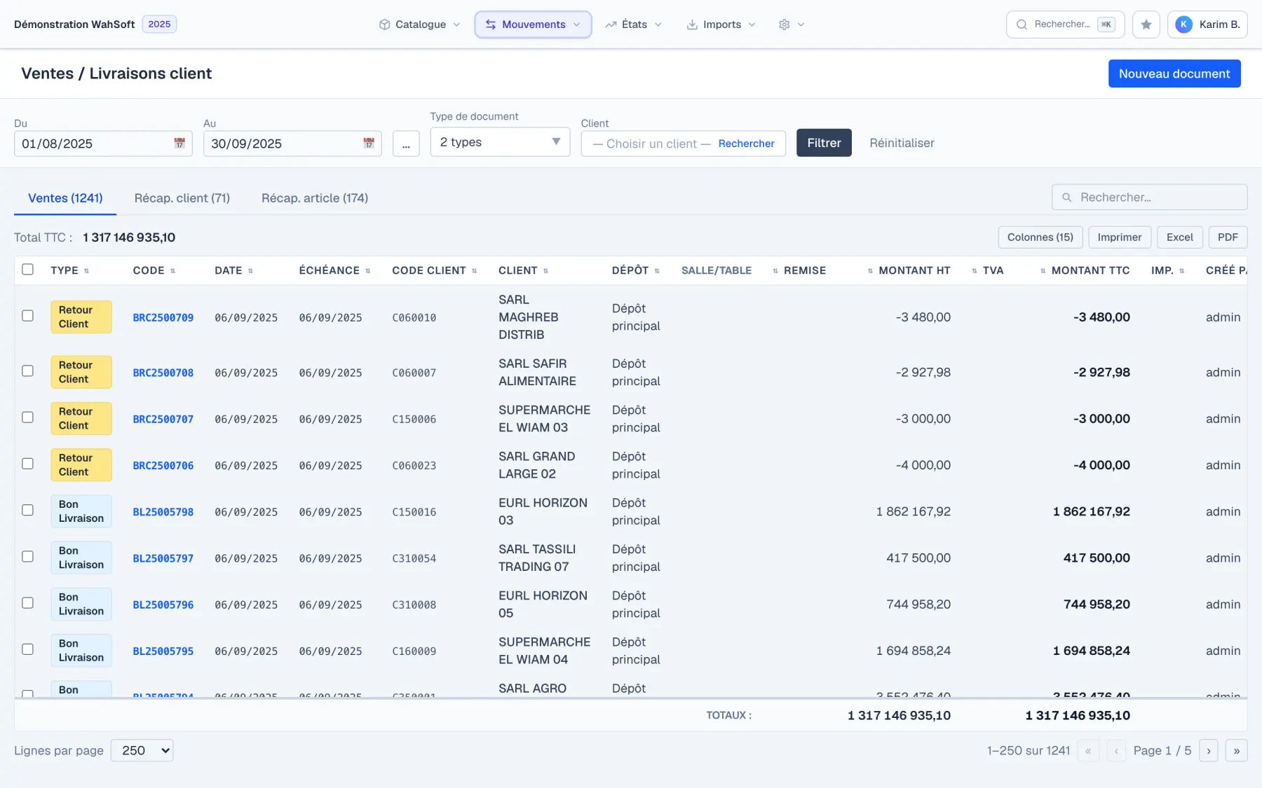 L'écran Ventes / Livraisons client de WahSoft ERP